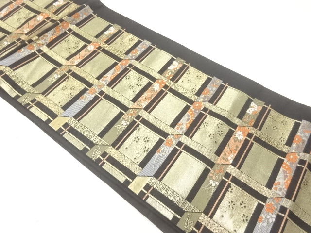 格子に花蝶模様織出し名古屋帯